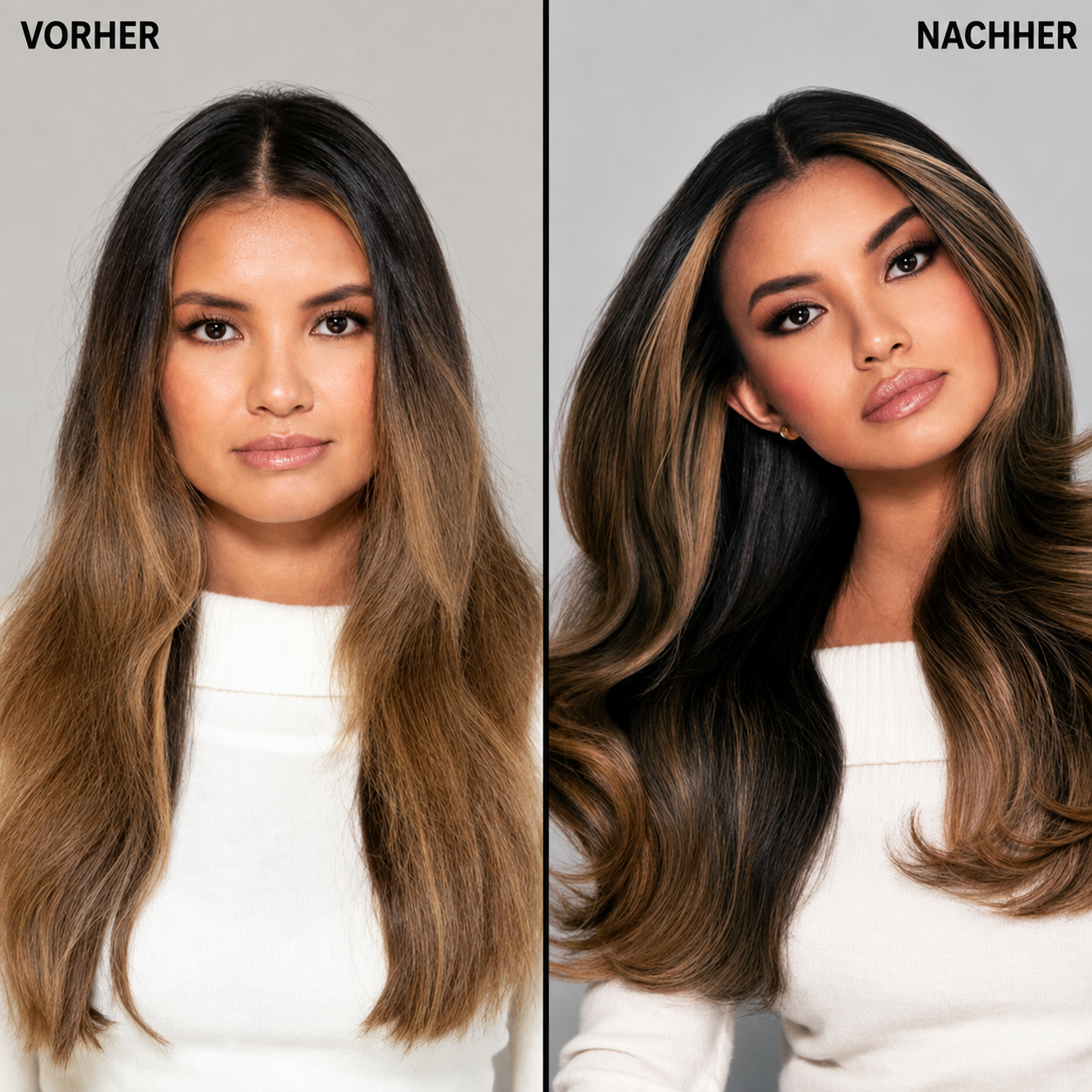 Vorher-Nachher-Bilder zeigen eine Verwandlung zu glattem, volumin&ouml;sem Haar.